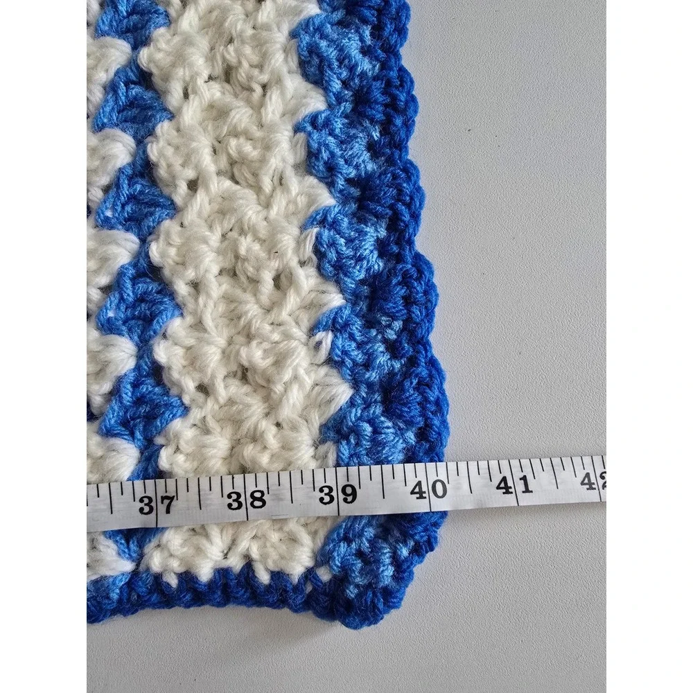 Handmade Crochet Baby Blanket Blue White Striped Shell‎ Stitch Throw 40x20